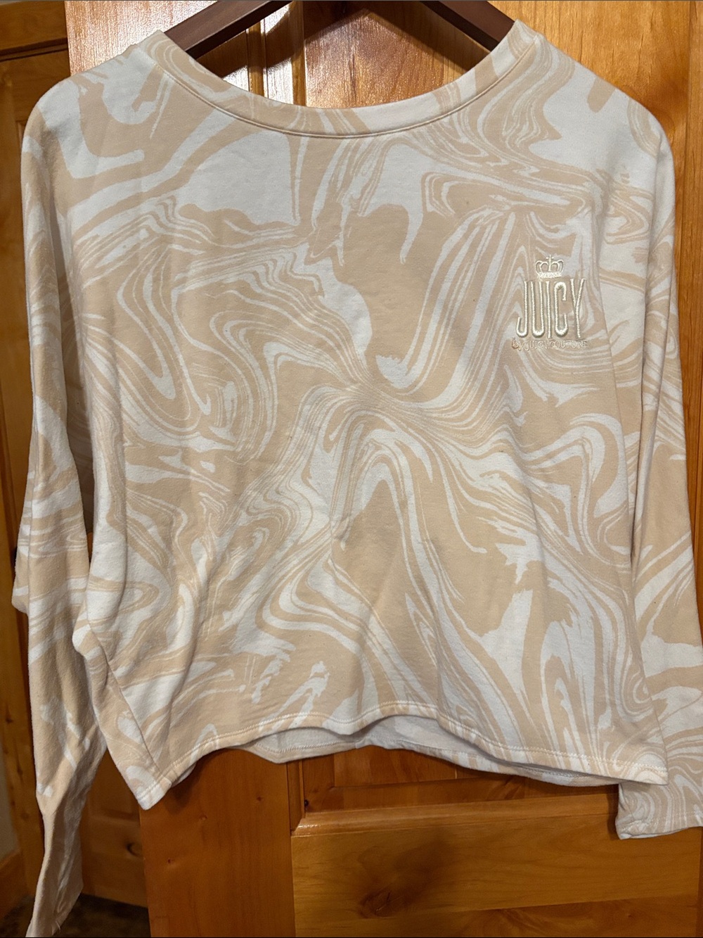 Juicy Couture Beige and White Marble-Print Scoop Neck Sweater